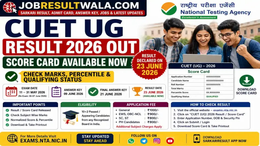 NTA CUET UG Result 2026 Out, Download Score Card