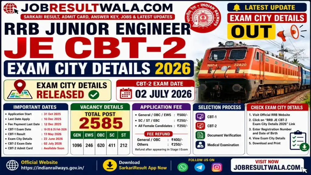 RRB JE CBT 2 Exam City Details 2026 Out – Check City Slip & Admit Card Date