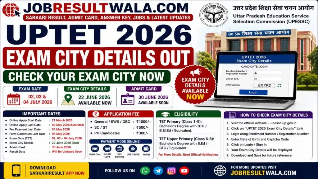 UPTET Exam City Details 2026 Out, Check City Slip